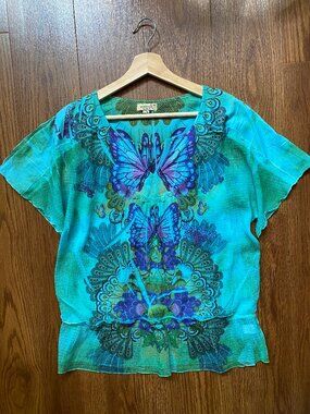One World Live and Let Live Butterfly Peacock Teal Tunic Blouse Mesh Top Medium